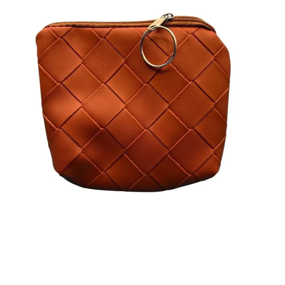 Caramel Brown Quilted Women's Zippered Coin Purse With‎ Key Ring